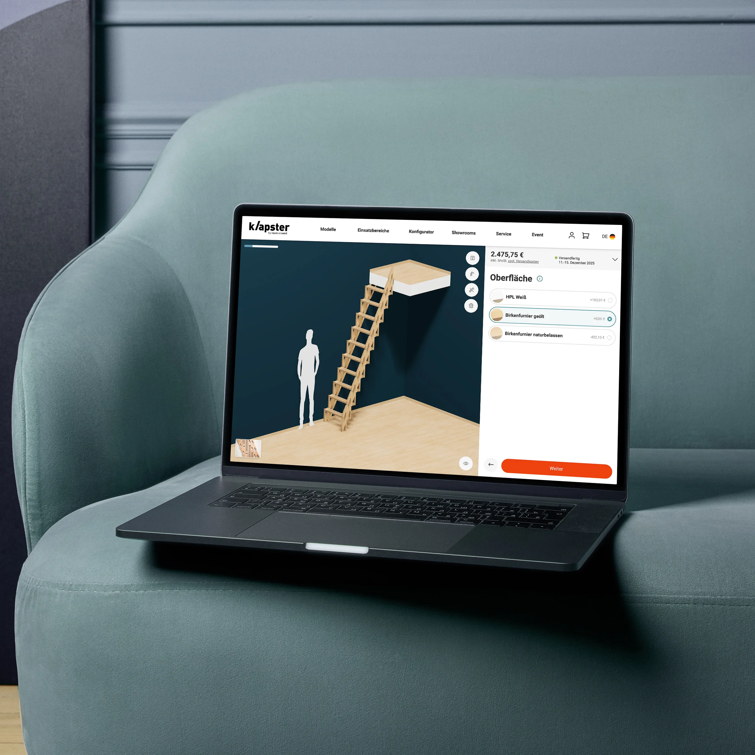 Landing page of a webshop configurator