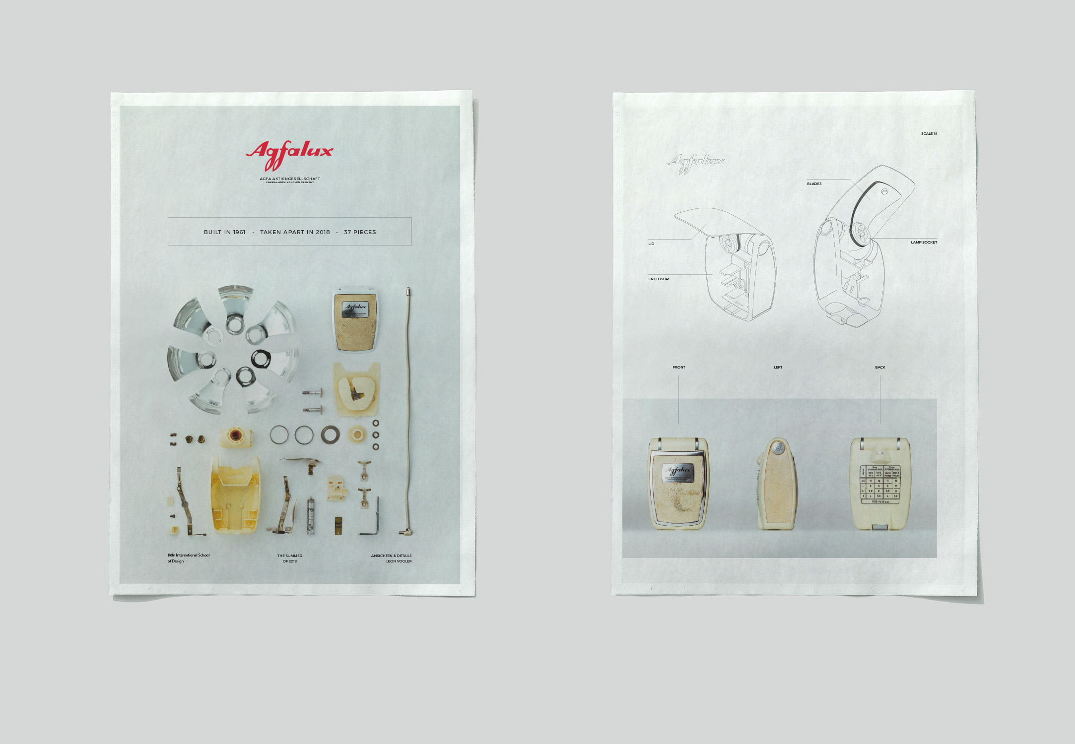 A disassembled retro camera flash.